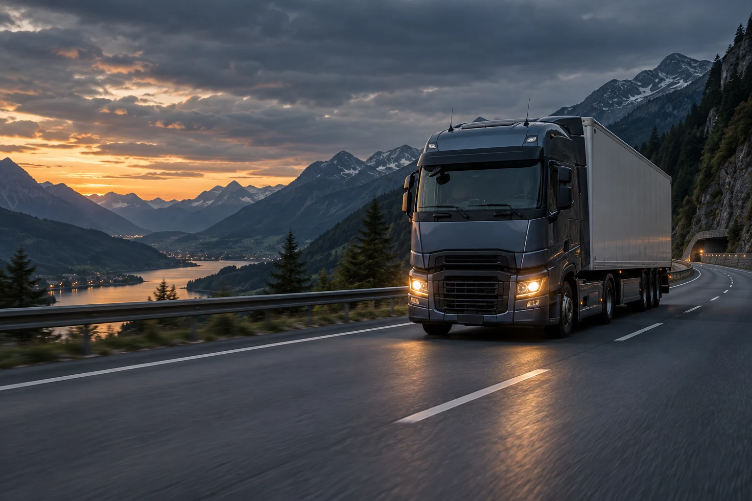 European cab-over truck on an Alpine motorway at dusk