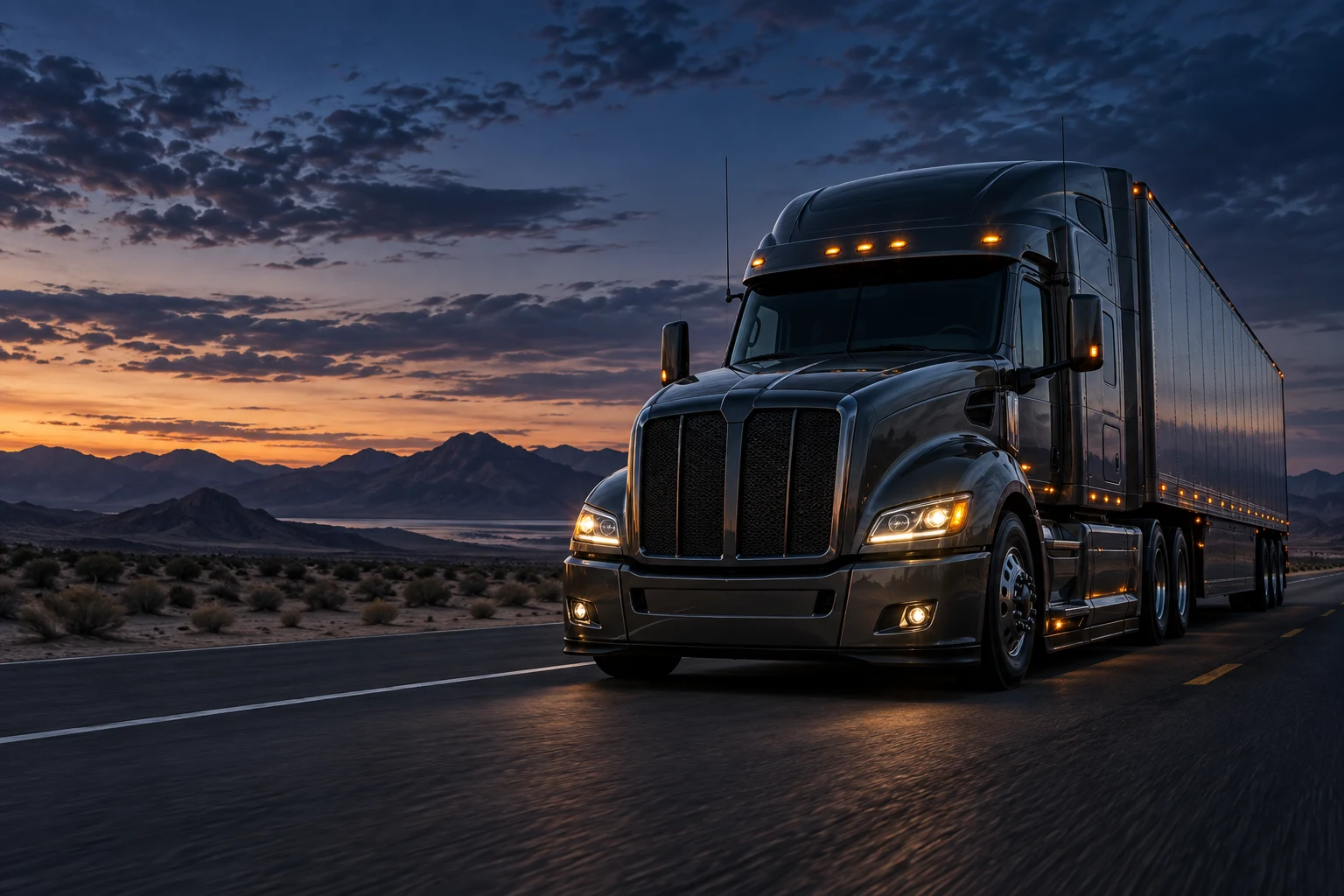American long-nose truck on a desert highway at dusk